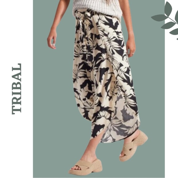 TRIBAL PRINTED PULL-ON BELTED PANTS Tropical Black Cream Soze XS - Picture 3 of 7